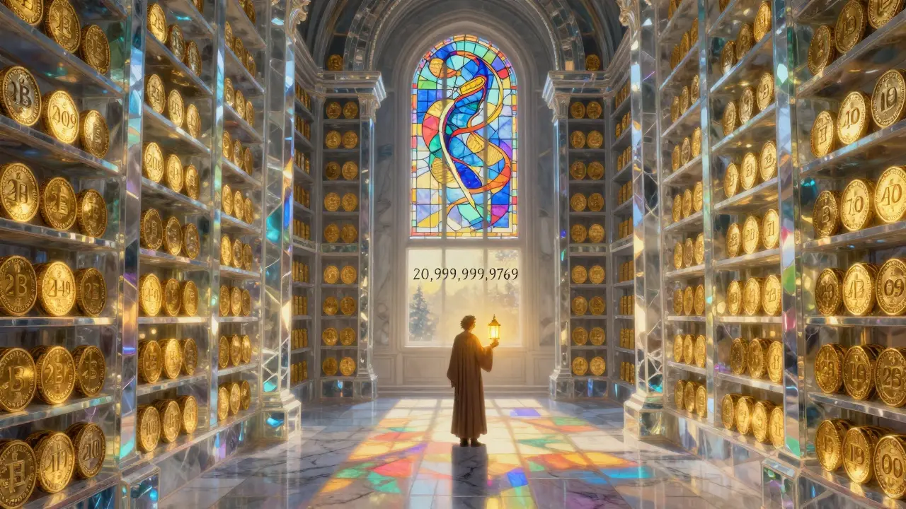 Библиотека из кристаллических блокчейнов хранит золотые биткоины с годами эмиссии.