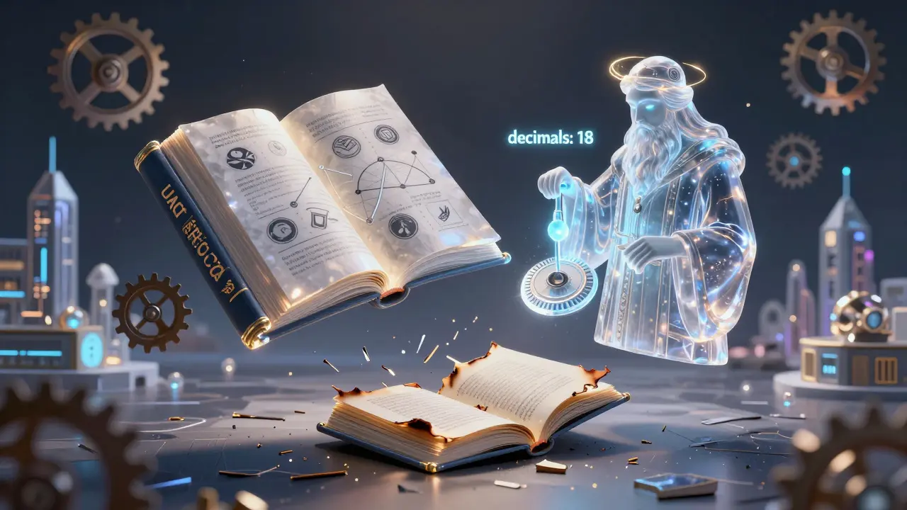 Библиотека из кристаллических книг с названиями токенов ERC-20 и разрушенная книга в стиле Максфилда Парриша.