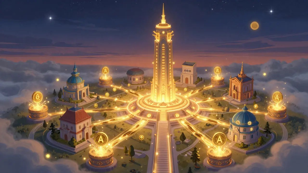 Центральная башня Cosmos с окружающими её блокчейн-зонами и светящимися токенами ATOM.