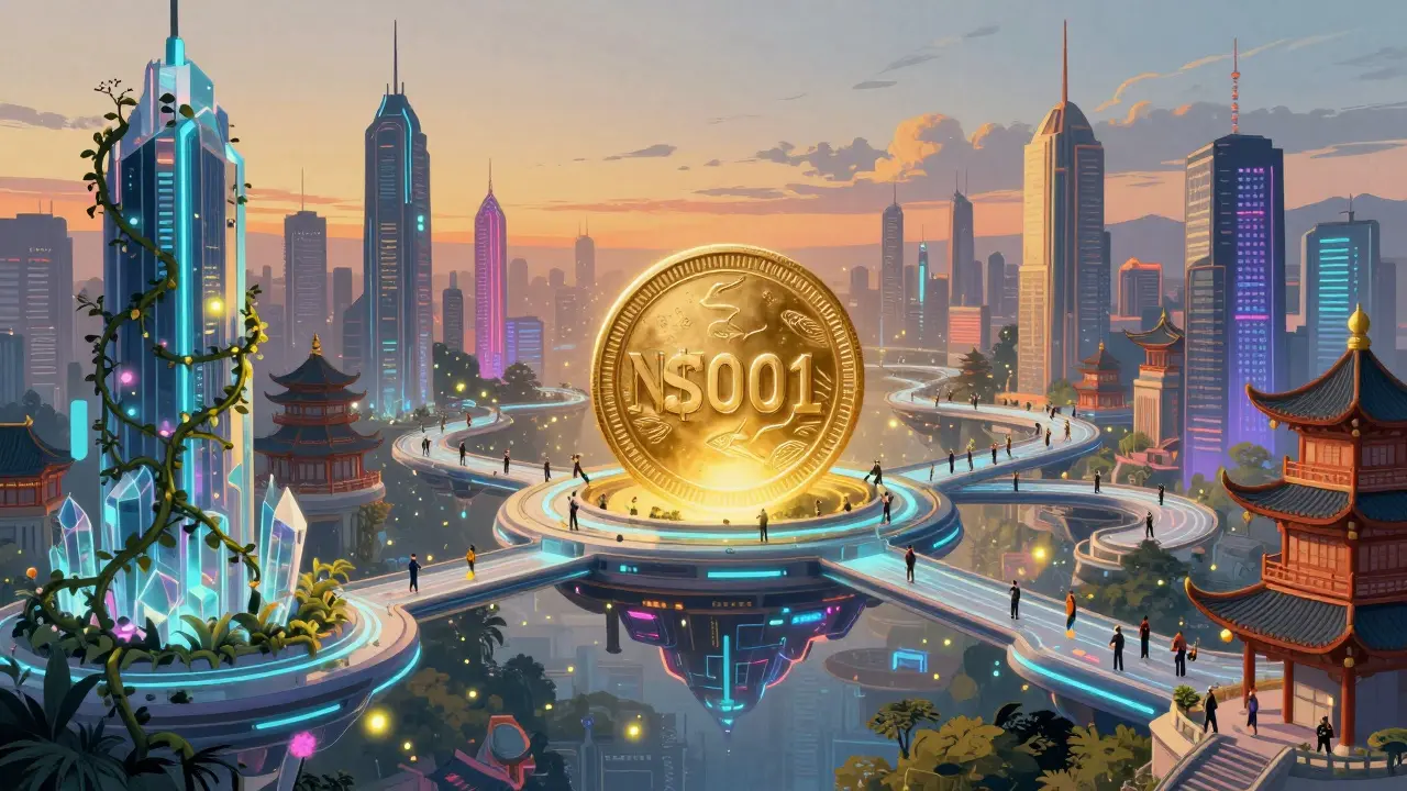 Динамический город из плавающих платформ с тысячами микротранзакций, освещенный рассветом.