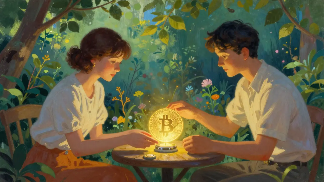 Два человека в саду создают платежный канал, помещая биткоины в светящийся канал между ними.