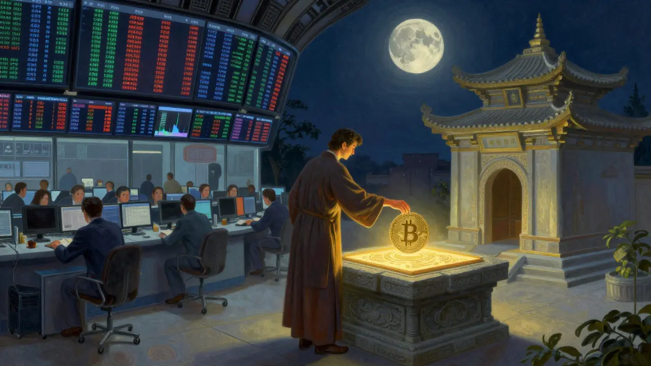Гибридная сцена: современная биржа слева и храм блокчейна справа под лунным светом.