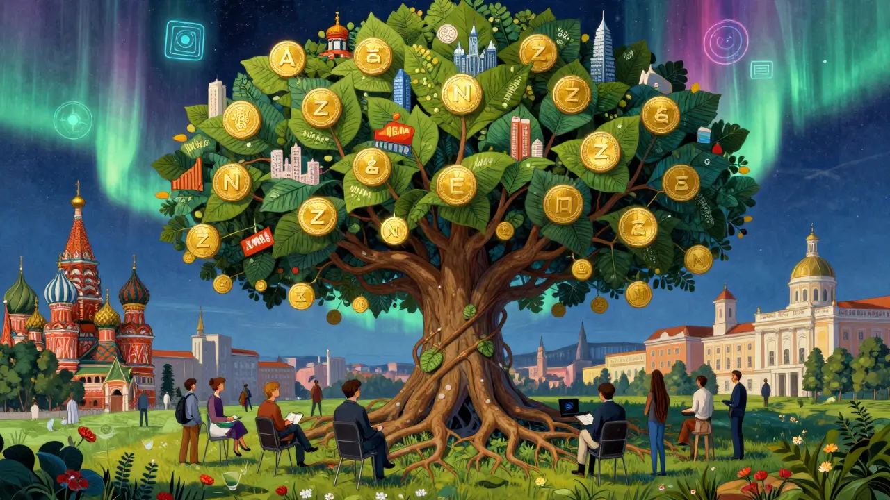 Глобальное сообщество разработчиков собралось под деревом с узлами блокчейна, над ними — вспышки ИИ и dApps.
