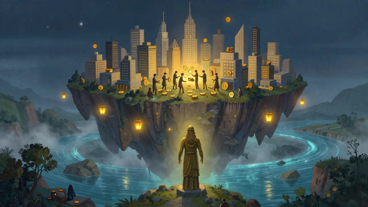 Город на летающем острове над блокчейн-рекой — Layer 2 в действии, внизу — статуя майнеров, символизирующая Layer 1.