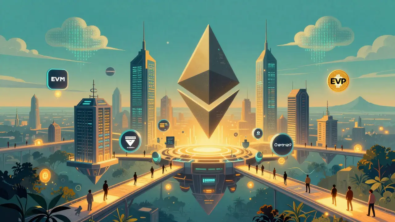 Город смарт-контрактов на фоне небесного блокчейна, где децентрализованные приложения светятся золотым и синим светом.