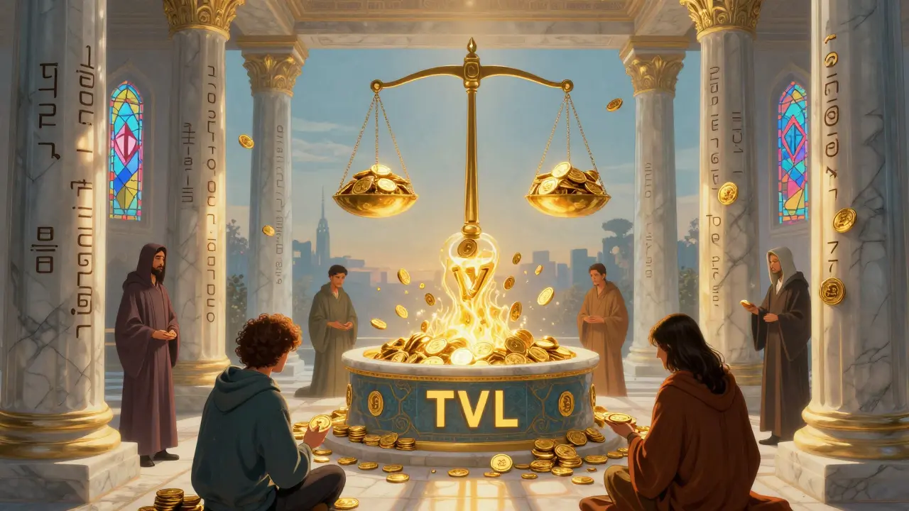 Храм DeFi с золотым потоком ликвидности, где фигуры вносят и извлекают токены.