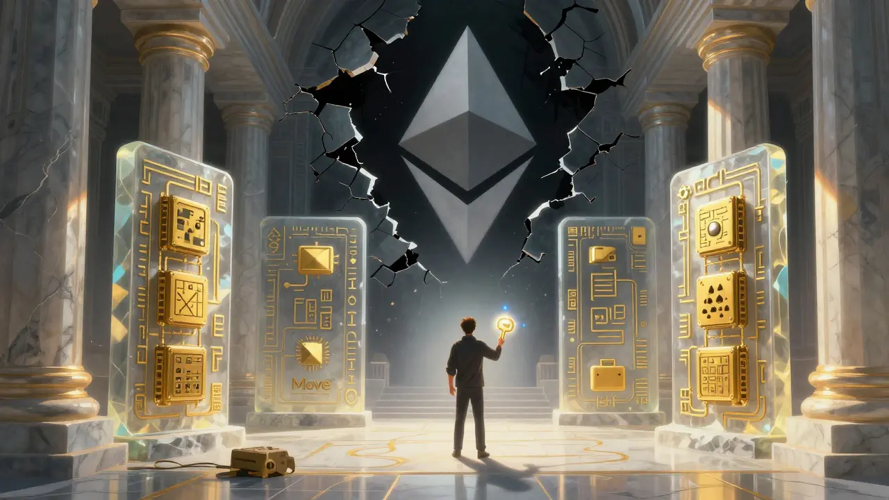 Храм из прозрачного камня с золотыми рунами, защищающими цифровые активы, в контрасте с разрушенным смарт-контрактом.