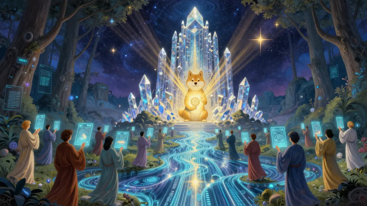 Храм Shiba Inu Foundation с кристаллической архитектурой и потоками зашифрованных данных.