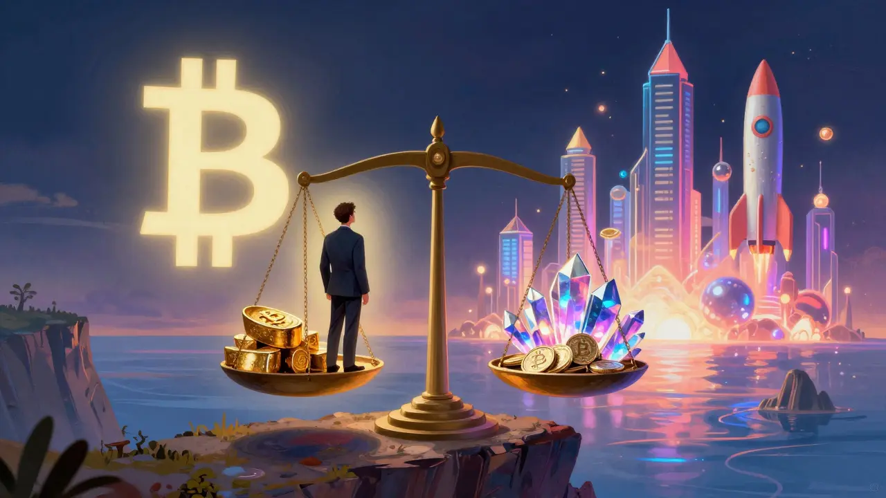 Инвестор на весах: биткоин с одной стороны, альткоины с другой, за ними — два мира: гаснущий и вспыхивающий.
