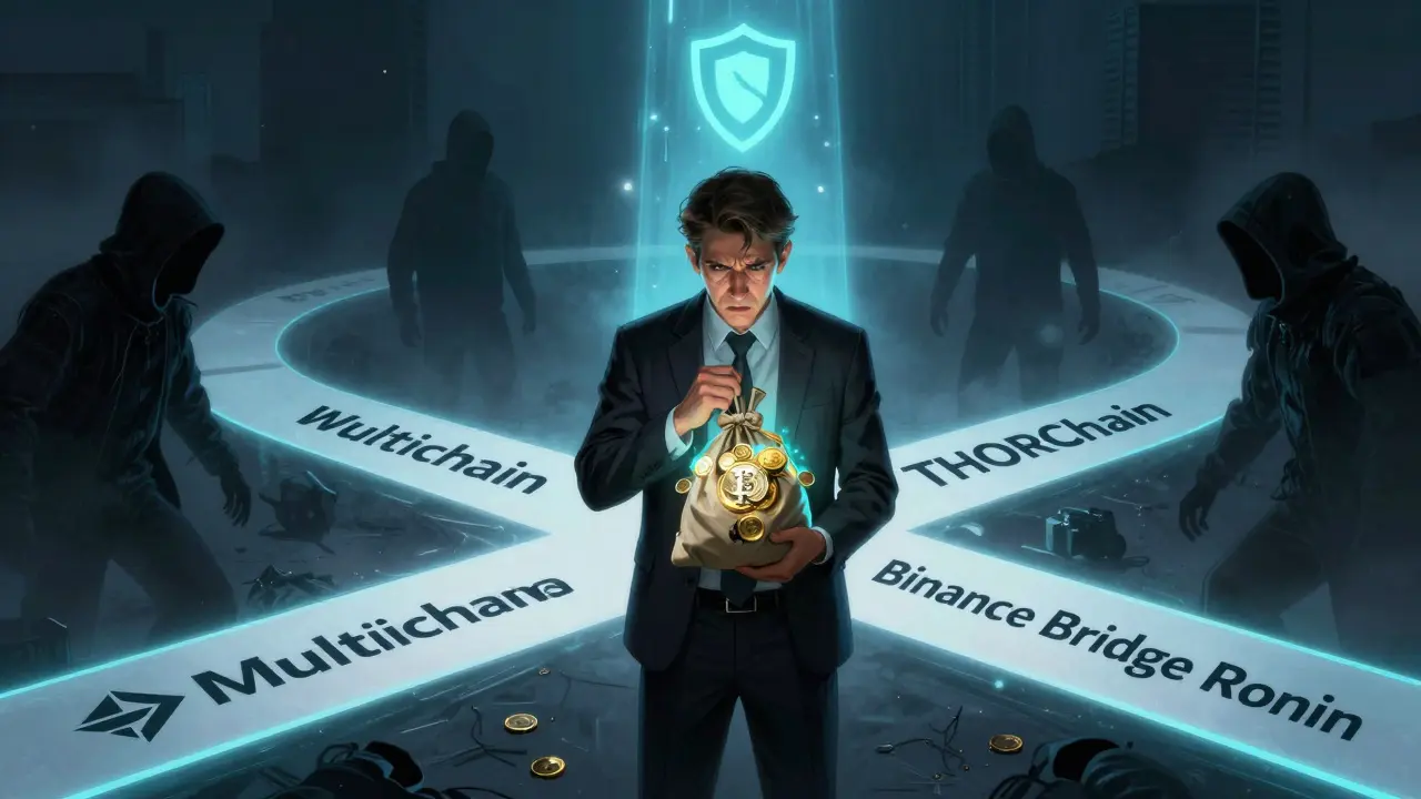 Инвестор стоит перед выбором мостов, тени хакеров и свет безопасности окружают его.