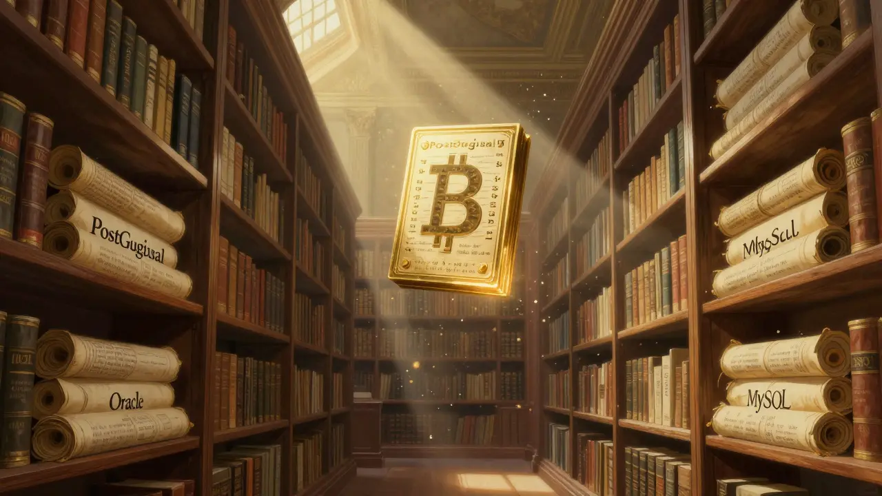 Классическая библиотека с серверами и одиноким блокчейном, освещённым солнечным лучом.