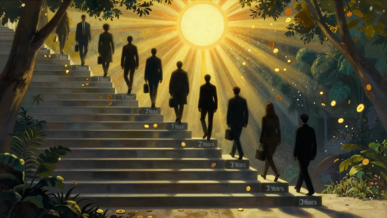 Лестница из блоков цепочки с фигурами, спускающимися по этапам вестинга, под золотым солнцем, сжигающим избыток токенов.