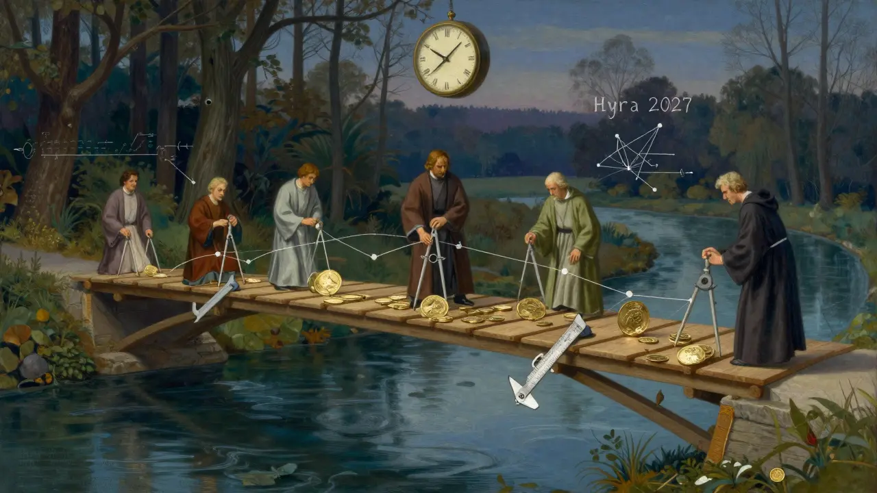 Математически точный мост с учеными и часами, символизирующий медленный, но надежный подход Cardano.