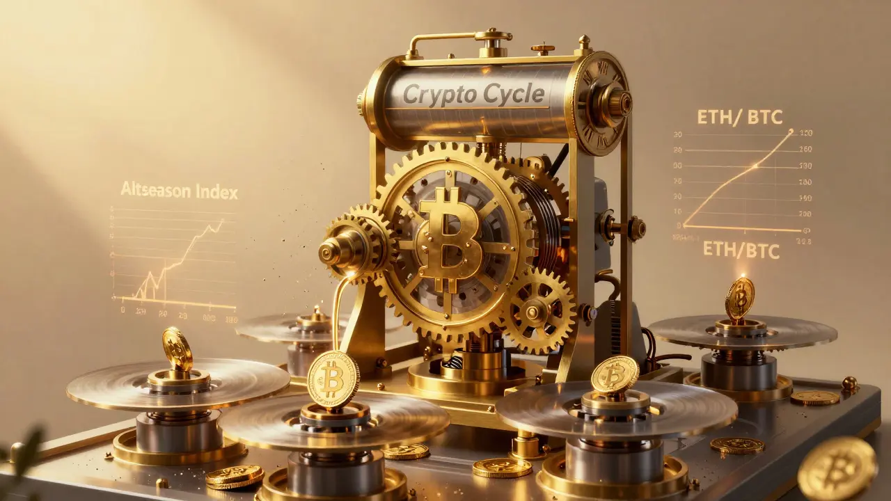 Механический механизм 'Криптоцикл' питается биткоином и приводит в движение шестерёнки альткоинов в золотистом свете.