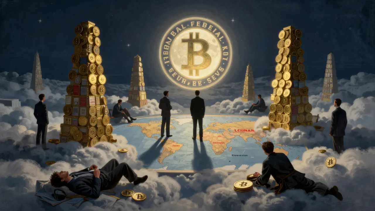 Moonlit trading floor with calm investors buying Bitcoin as leverage towers collapse, overseen by Fed symbol and global tensions.