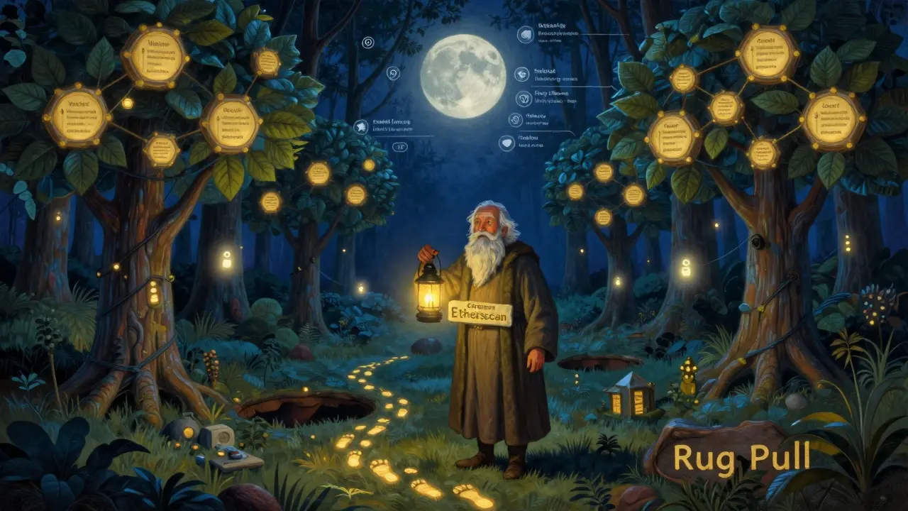 Мудрый старец с фонарём ведёт по лесу из блокчейн-узлов, вдали — туманные призраки фейковых отзывов и скам-проектов.