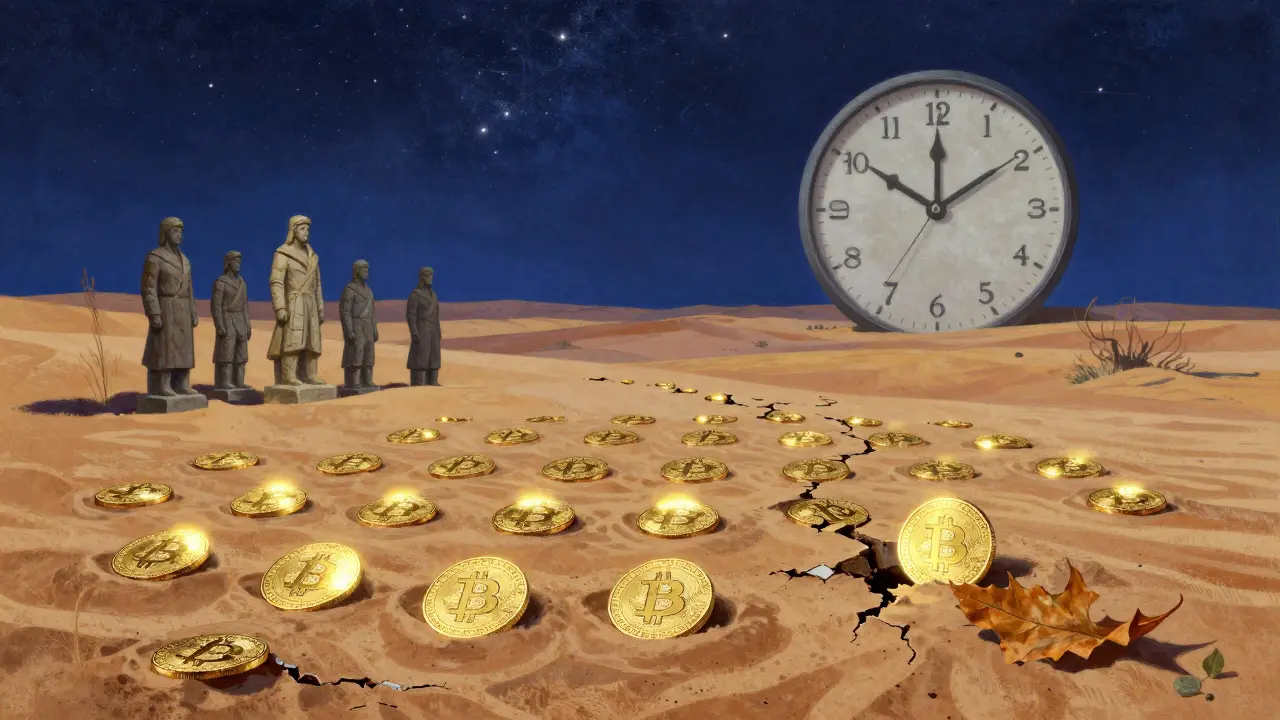 Пустыня с 21 миллионом золотых биткоинов, часть из которых потеряна, часть сияет.