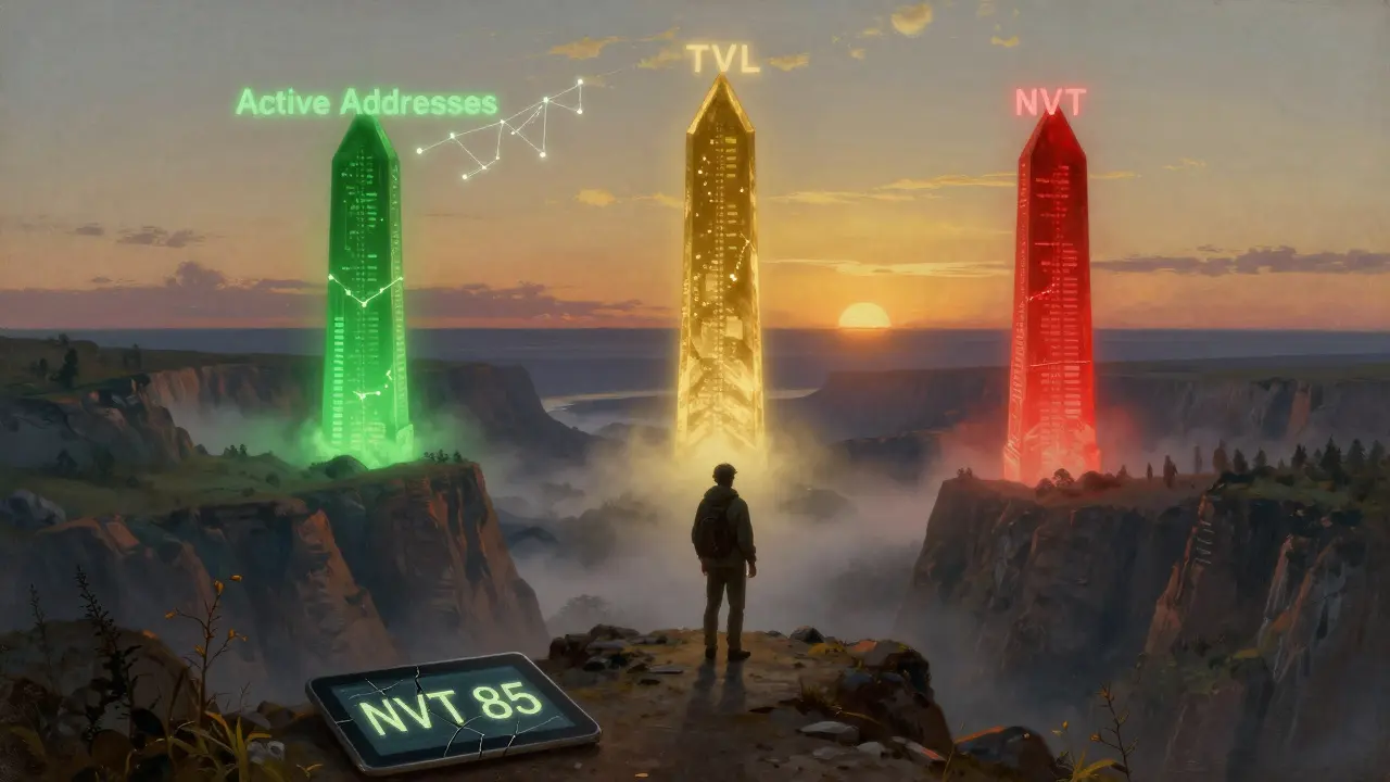 Путешественник смотрит на три монолита метрик: активные адреса, TVL и NVT, на закате.