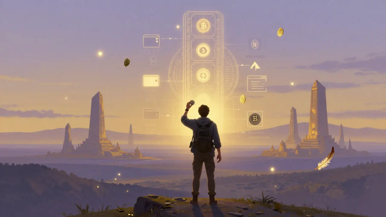 Путник держит токен ERC-20 и ETH на фоне светящегося смарт-контракта и кошельков в стиле Максфилда Парриша.