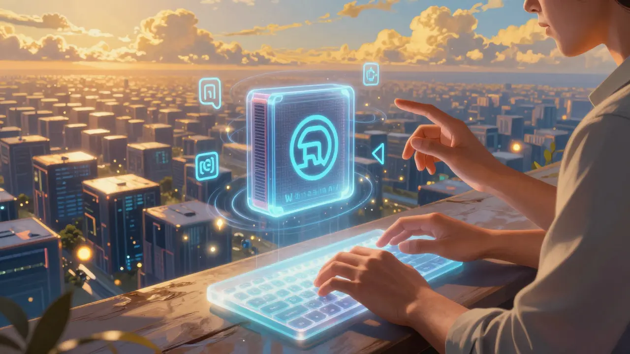 Разработчик развертывает смарт-контракт, вокруг него кружат символы Rust и AssemblyScript в свете WebAssembly.