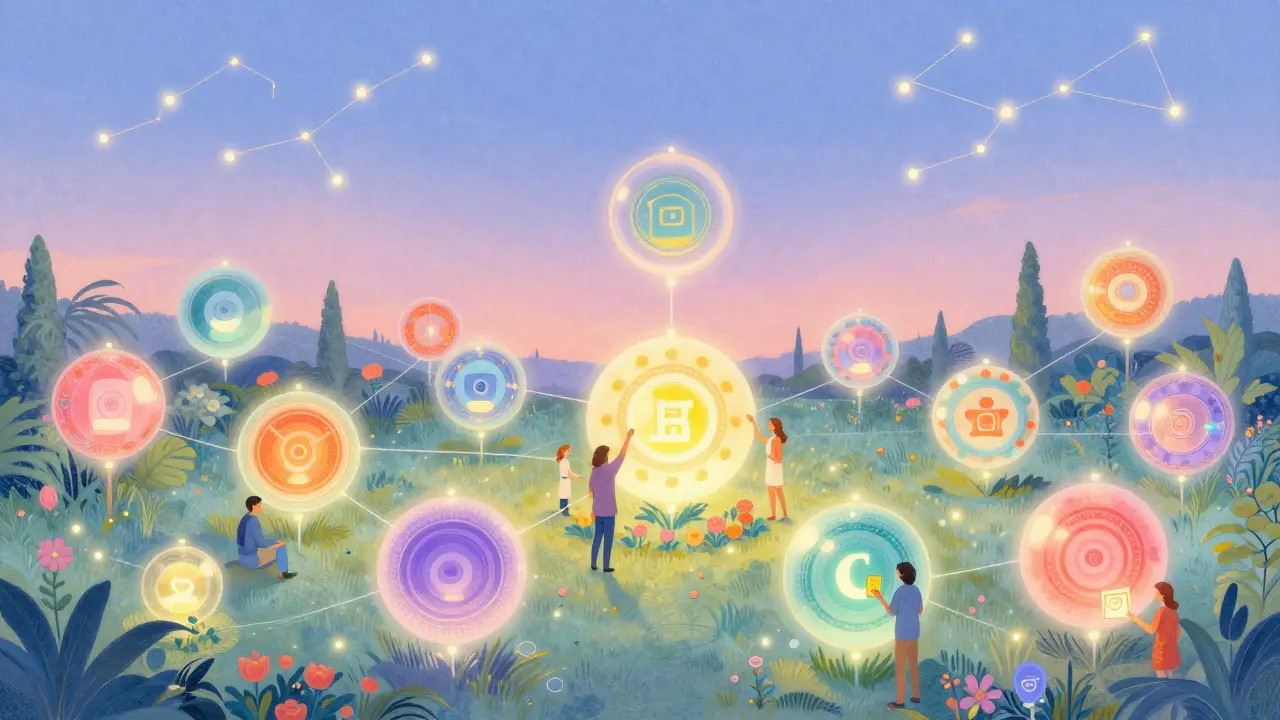 Сад из отдельных светящихся шаров, каждый — независимый объект блокчейна, с тонкими световыми связями между ними.