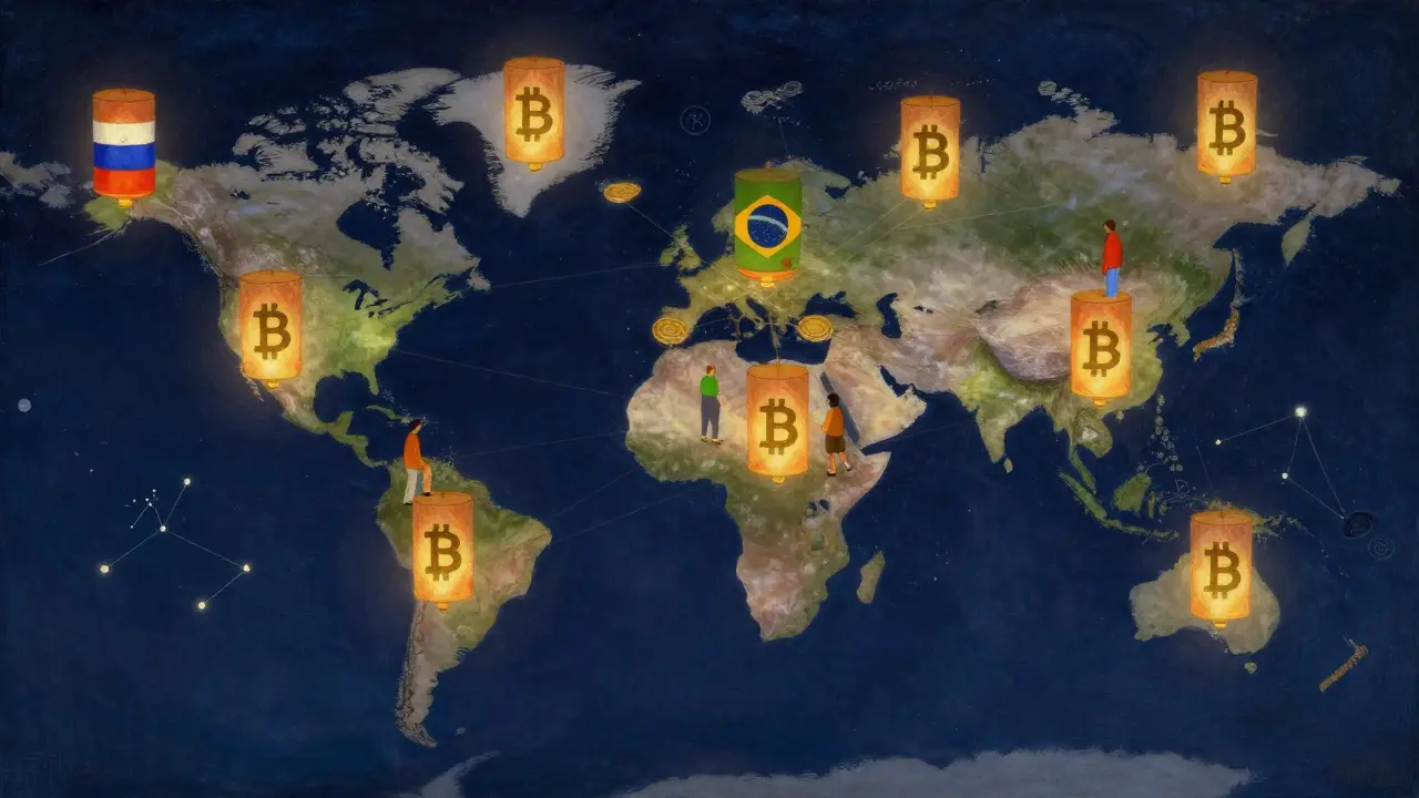 Сеть светящихся фонарей-стейблкоинов соединяет людей по всему миру в тихой, светлой ночи.