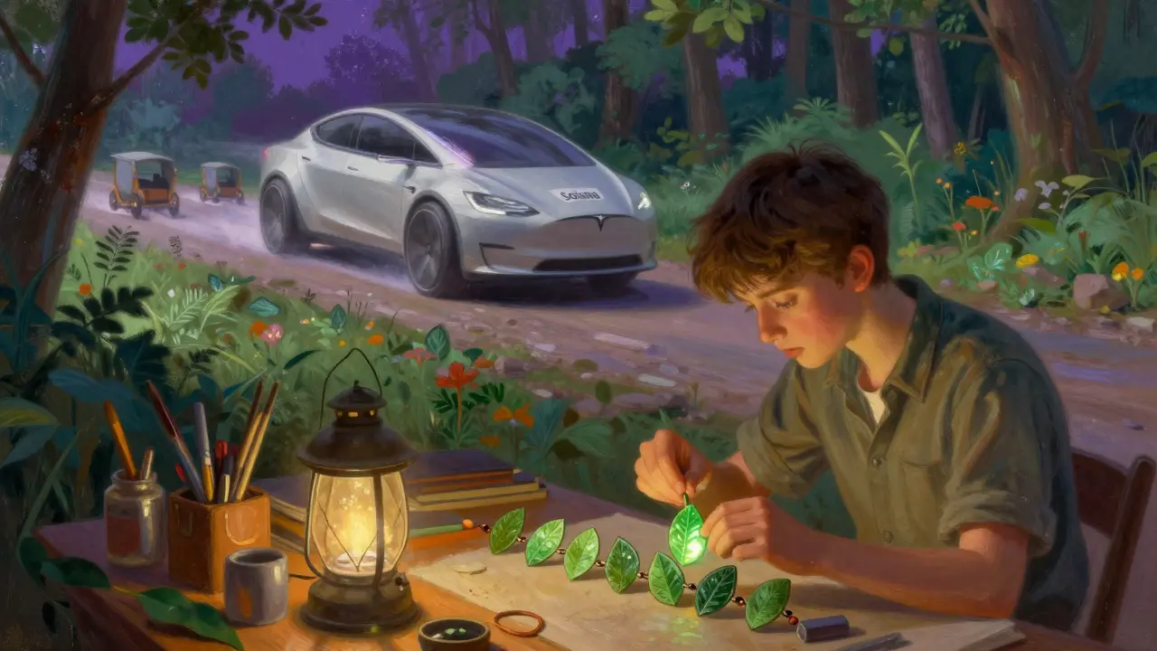 Создатель собирает NFT в виде листьев, рядом — быстрый автомобиль Solana против медленных Ethereum-карет.