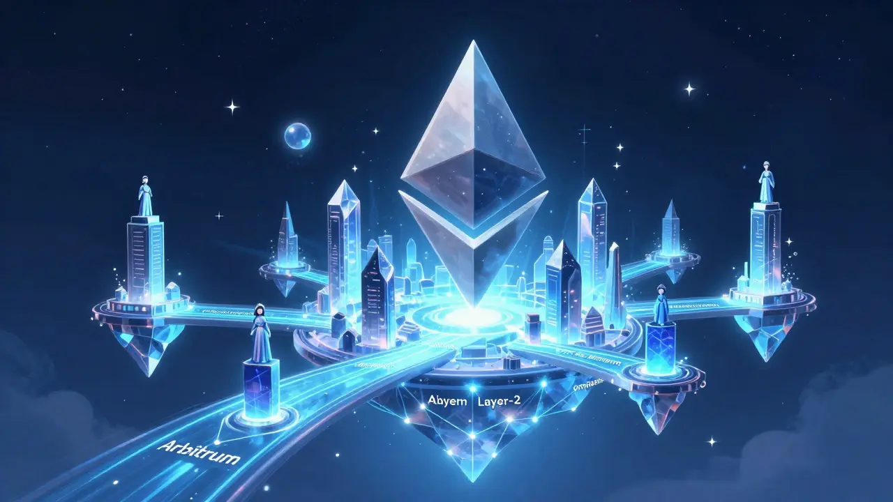 Светящийся кристаллический город в космосе с потоками данных, символизирующий Ethereum как платформу будущего.