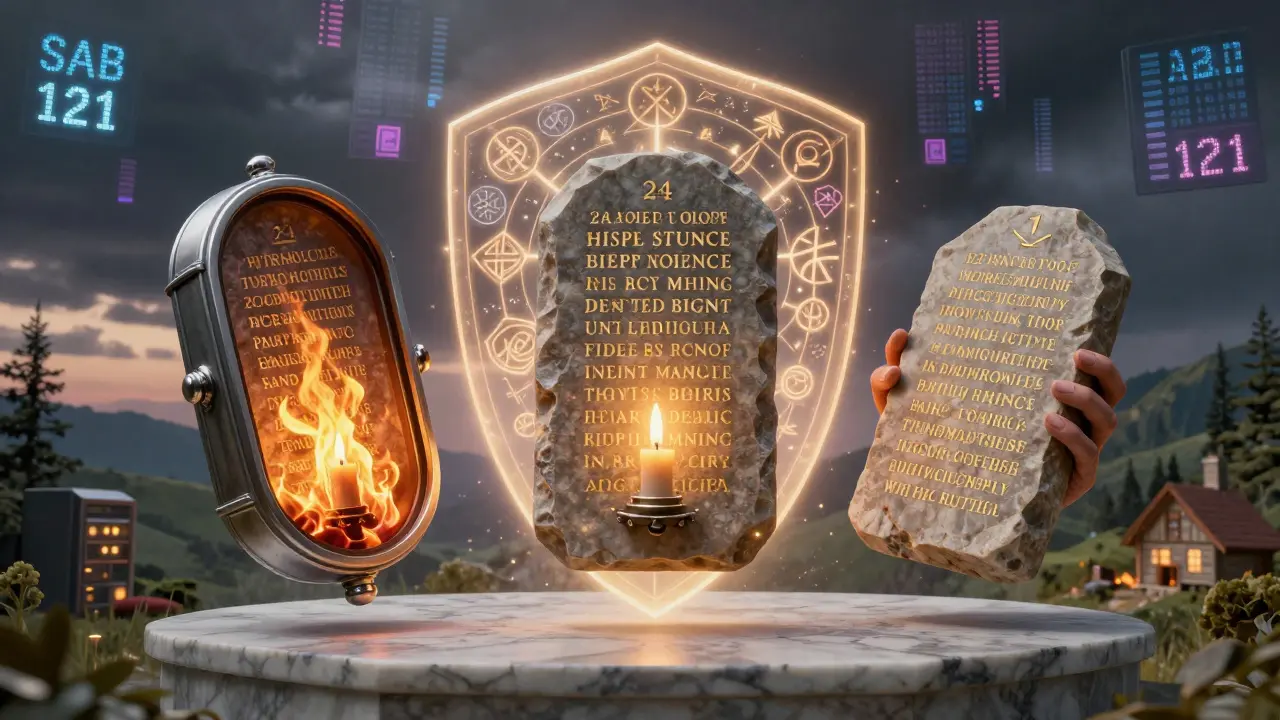 Три каменные таблички с seed-фразой хранятся в разных местах: в капсуле, в банке и у старца — всё освещено мягким светом.