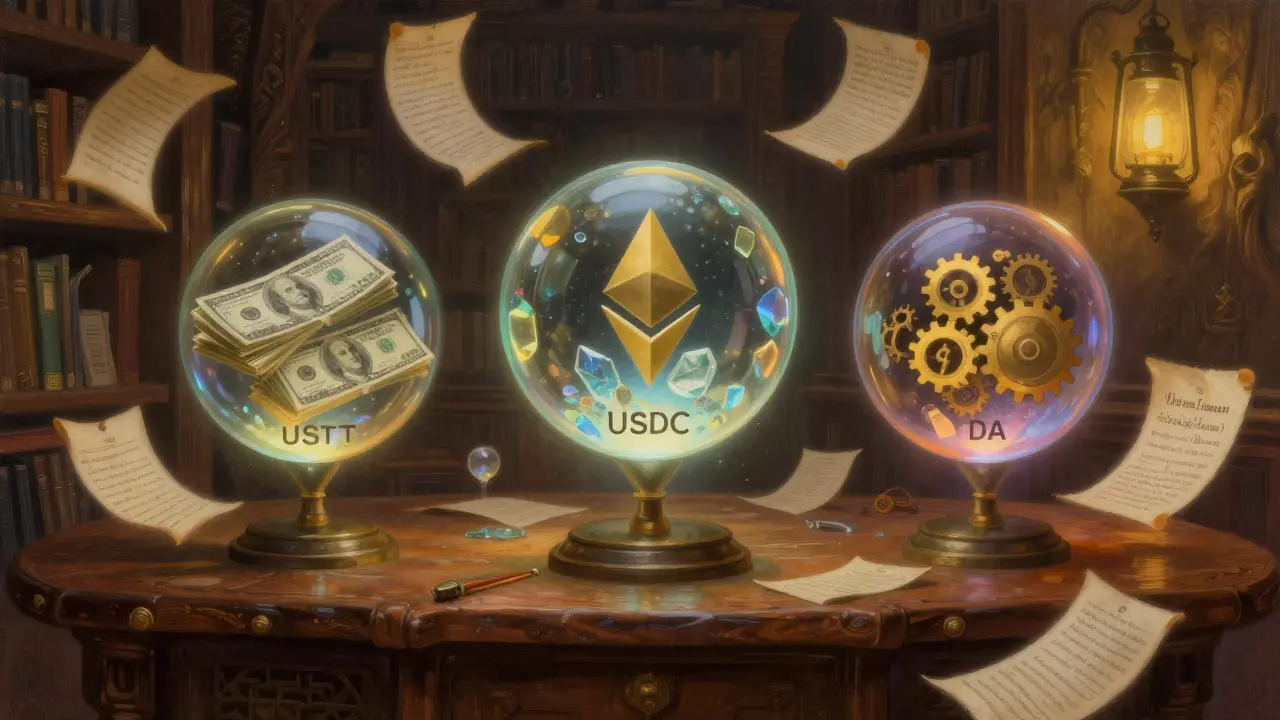 Три прозрачные сферы стейблкоинов — USDT, USDC, DAI — светятся над древним столом с блокчейн-свитками.