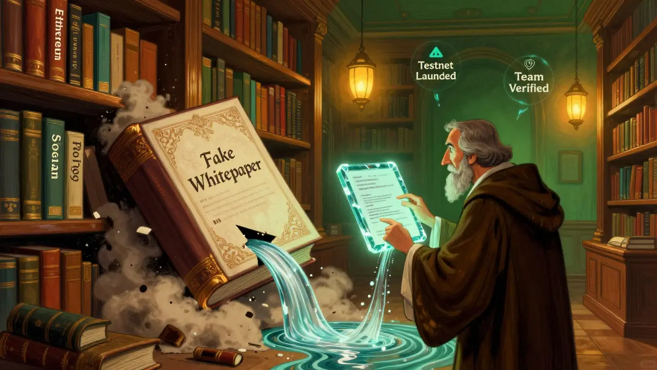 Ученый анализирует код на табличке, рядом с реальными блокчейн-проектами в библиотеке.