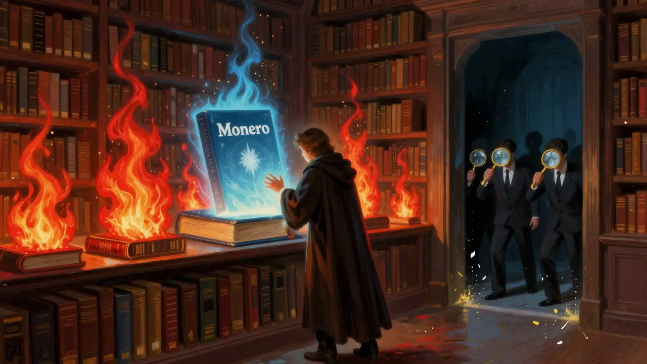 Волшебная библиотека блокчейнов: одна книга Monero светится, остальные горят, а регуляторы застыли в бездействии.