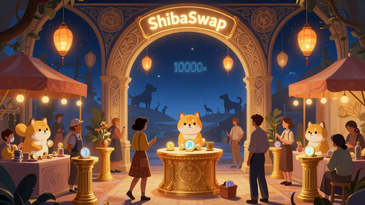 Волшебный рынок ShibaSwap, где люди торгуют NFT и стейкают токены под сияющим аркой.