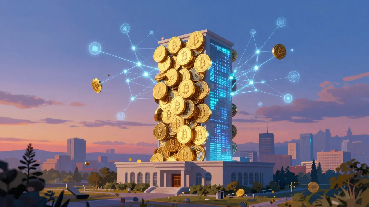 Здание, превращающееся в цифровые токены, с ИИ-сетями на закате