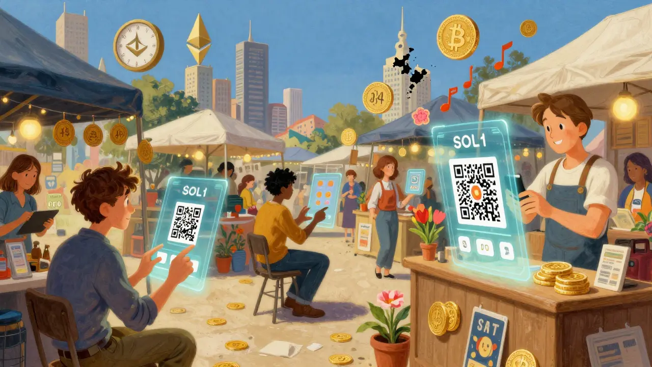 Живописный рынок, где пользователи совершают мгновенные транзакции SOL, NFT становятся цветами, а QR-коды оживают.