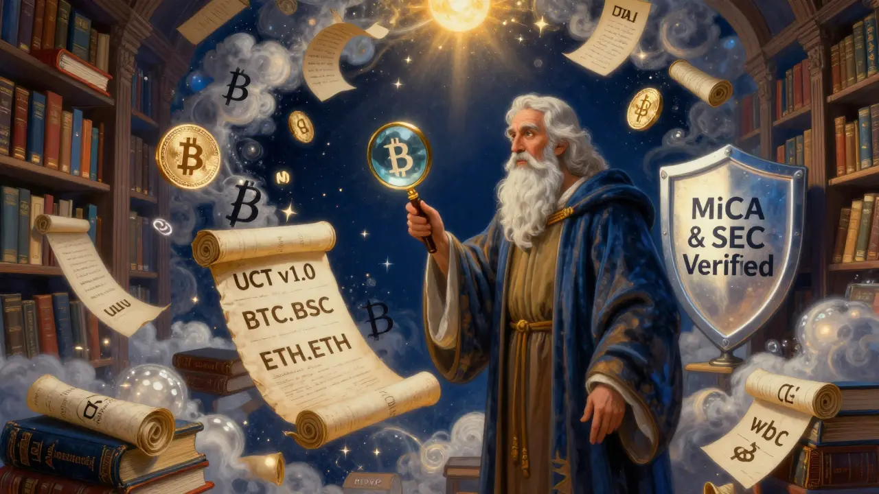 Библиотека плавающих книг с криптовалютными тикерами, мудрый человек указывает на новый стандарт UCT v1.0, подсвеченный небесным светом.