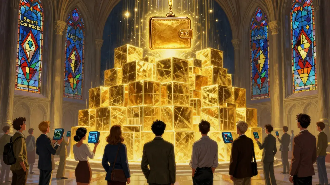 Блокчейн как храм из золотых кубов, над ним висит кошелёк, люди смотрят в восторге на светящиеся символы.