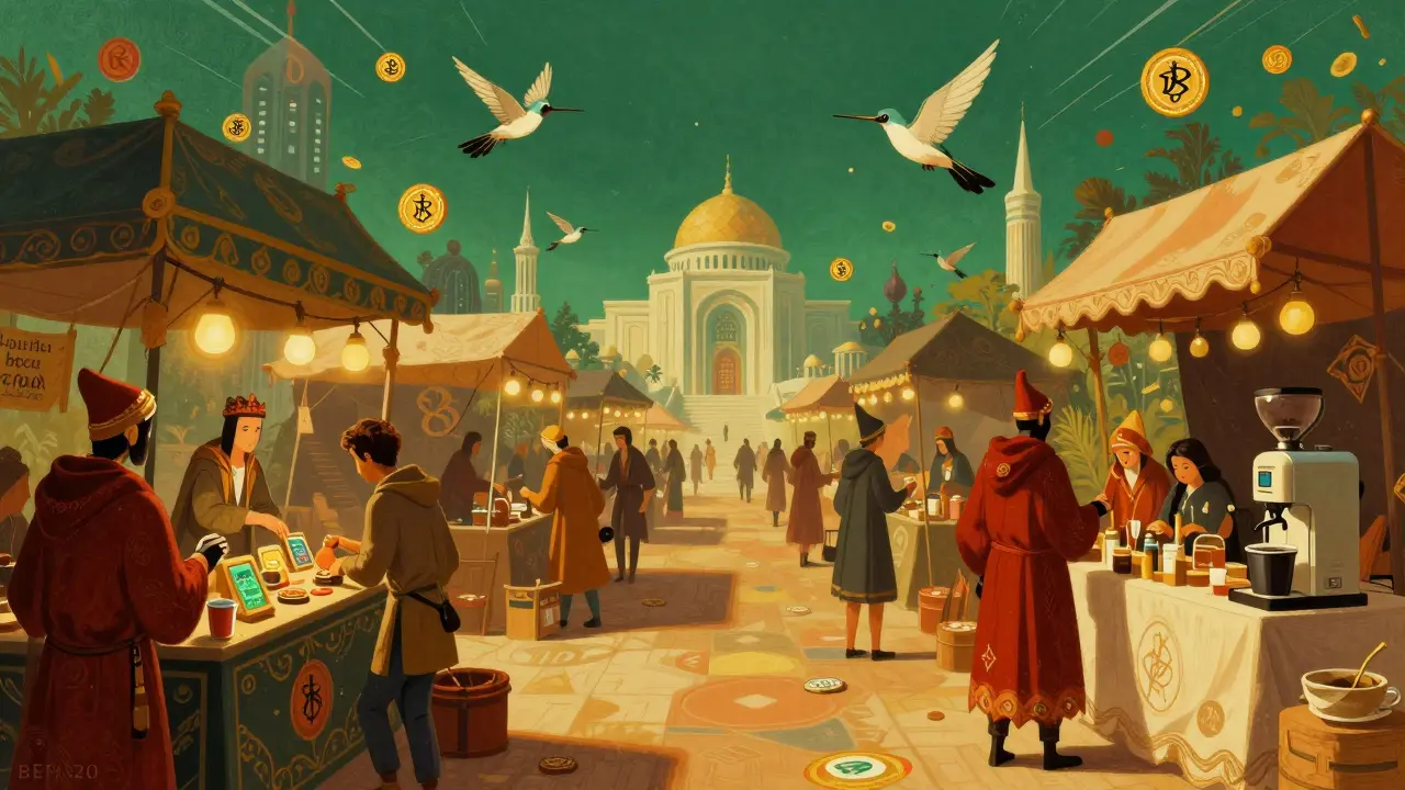 Быстрые токены BEP-20 летают между лавками в оживлённом цифровом базаре, защищённые 21 стилизованным стражем.