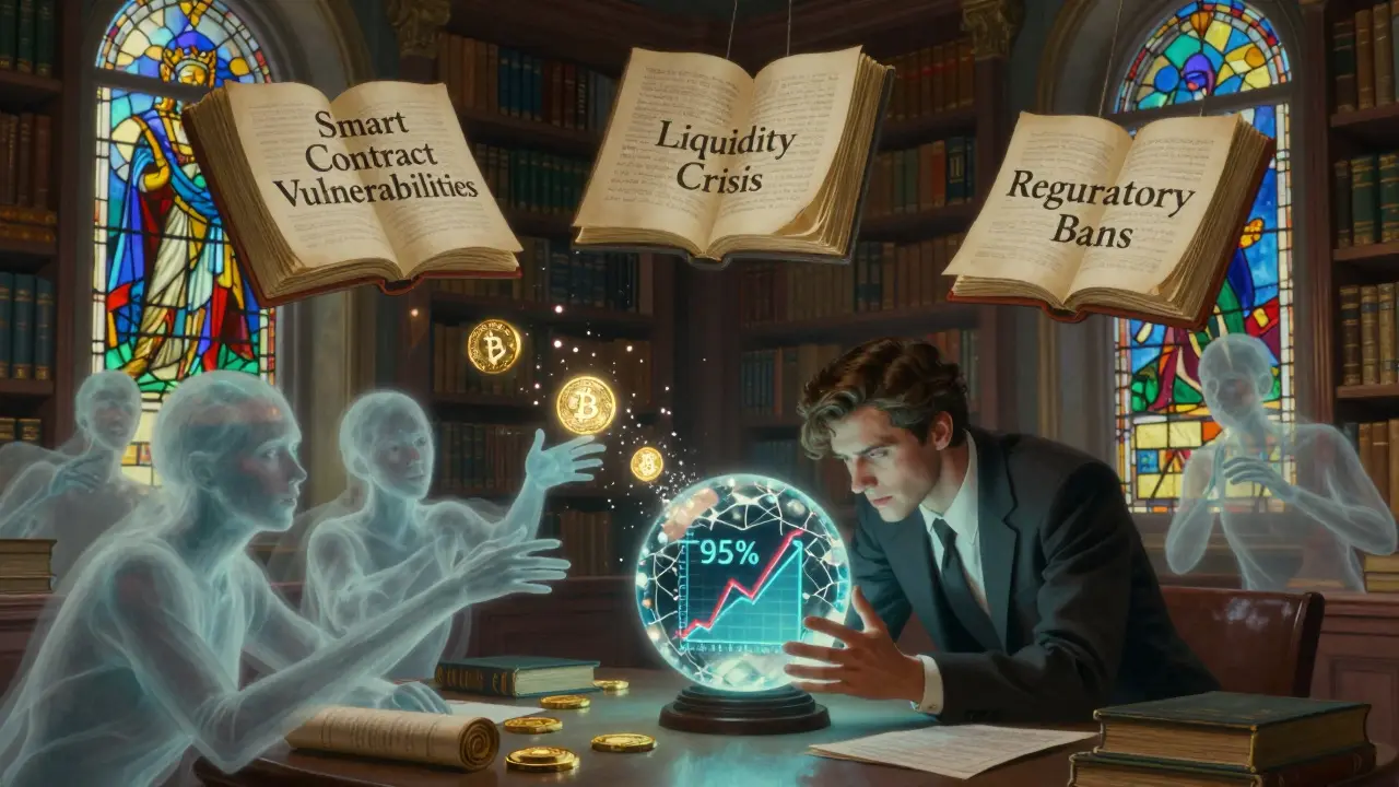 Человек рассматривает разбитый шар с графиком падения, вокруг него исчезающие токены и книги о рисках криптовалют.