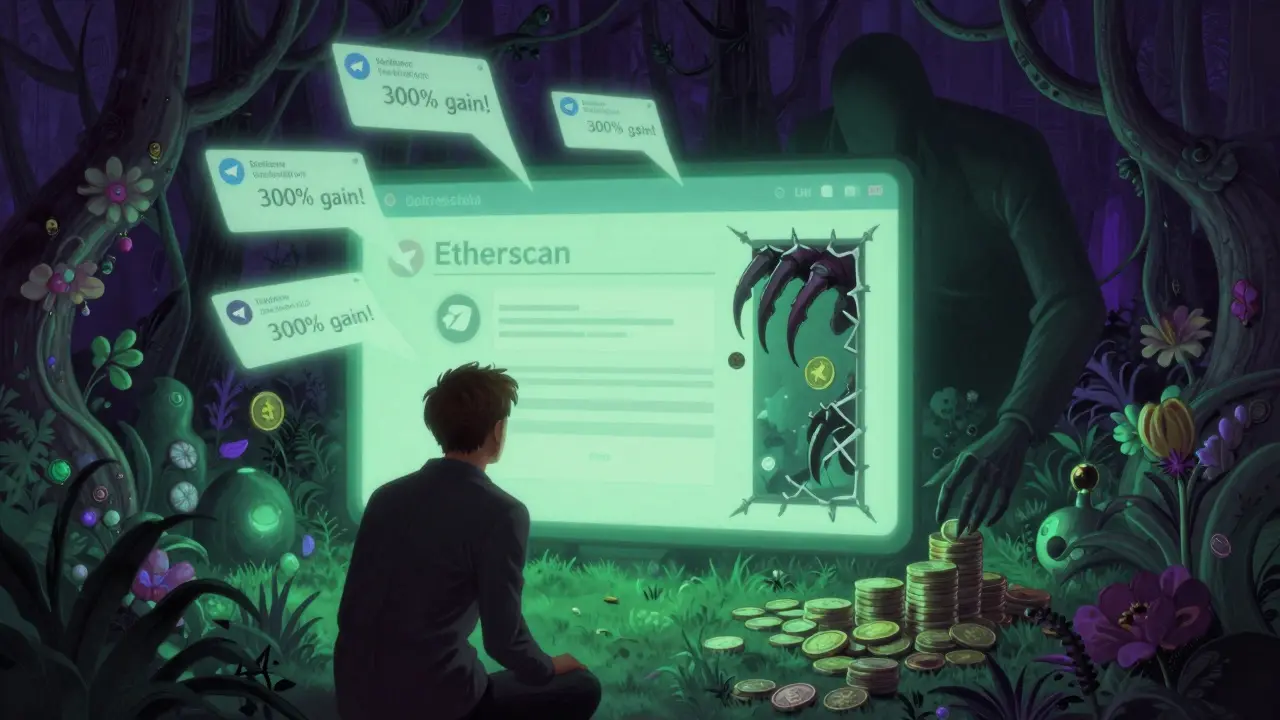 Человек смотрит на смарт-контракт, где скрыты ловушки, а вокруг летают ложные обещания из Telegram.