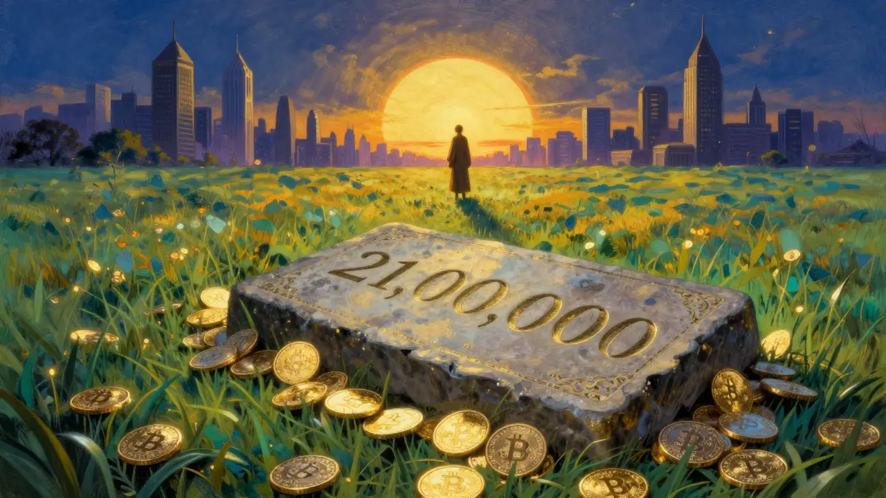 Древний каменный табличка с числом 21 млн биткоинов, восходящее солнце над городом финансовых башен.