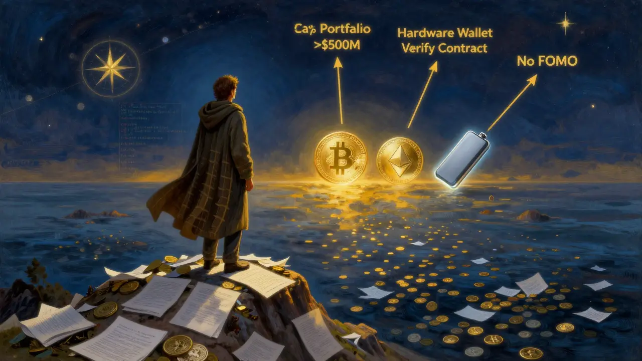 Фигура на горе из брошенных бумаг смотрит на три сохраняющихся токена, над ней — золотые правила безопасного инвестирования.