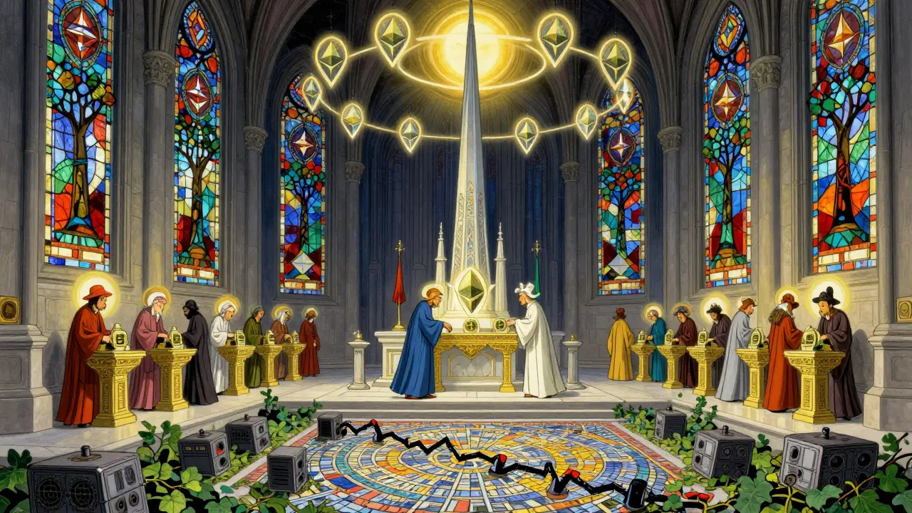 Храм Ethereum с валидаторами в орбите и руинами майнеров под плющом, в стиле Максфилда Парриша.