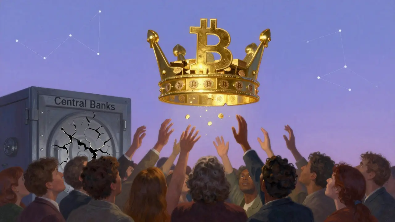 Корона из биткоинов над разрушенным хранилищем центральных банков, люди тянутся к ней.