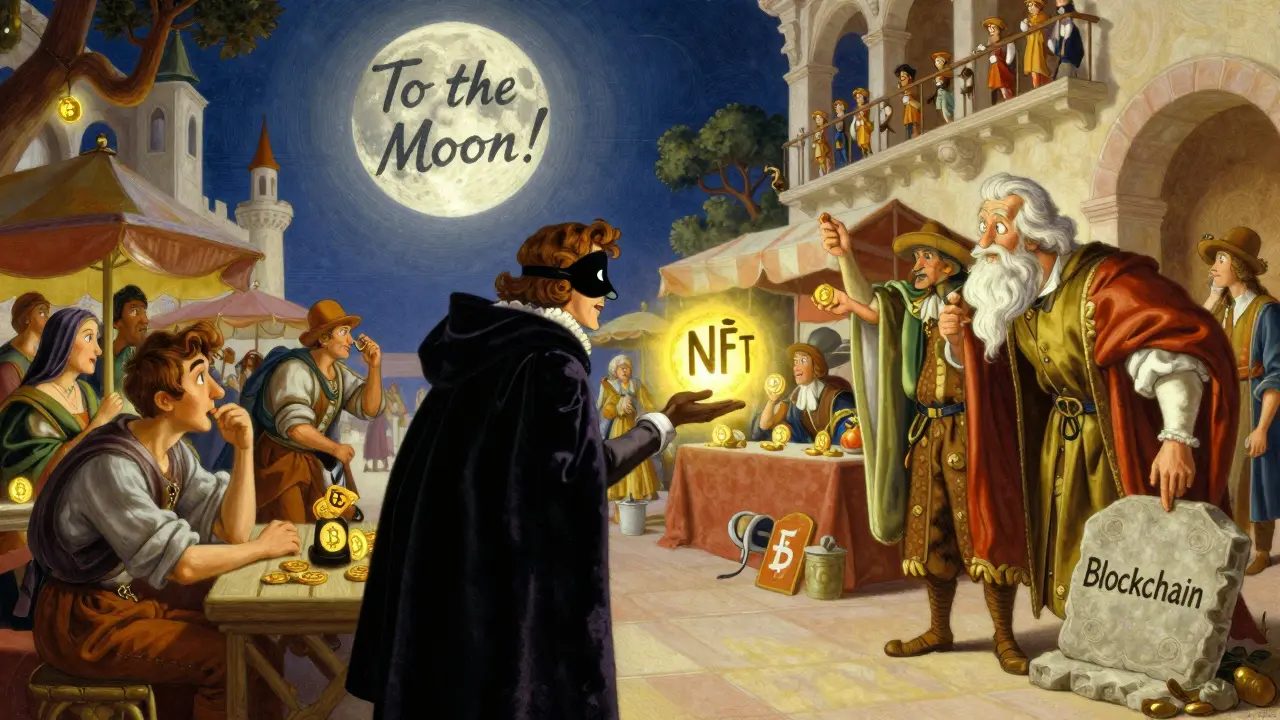 Крипторынок в стиле Ренессанса: луна 'To the Moon', шилл предлагает NFT, мудрец указывает на блокчейн.
