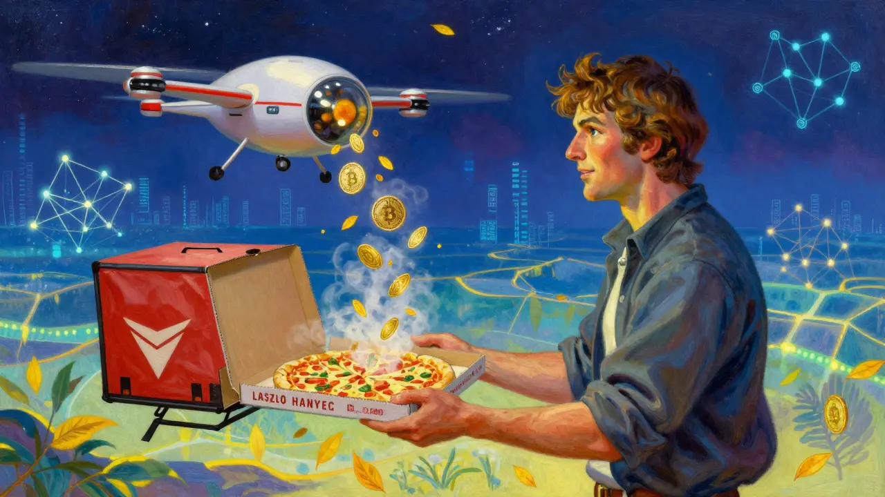Ласло получает пиццу за 10 000 биткоинов, вокруг — светящиеся монеты и блокчейн-сеть.