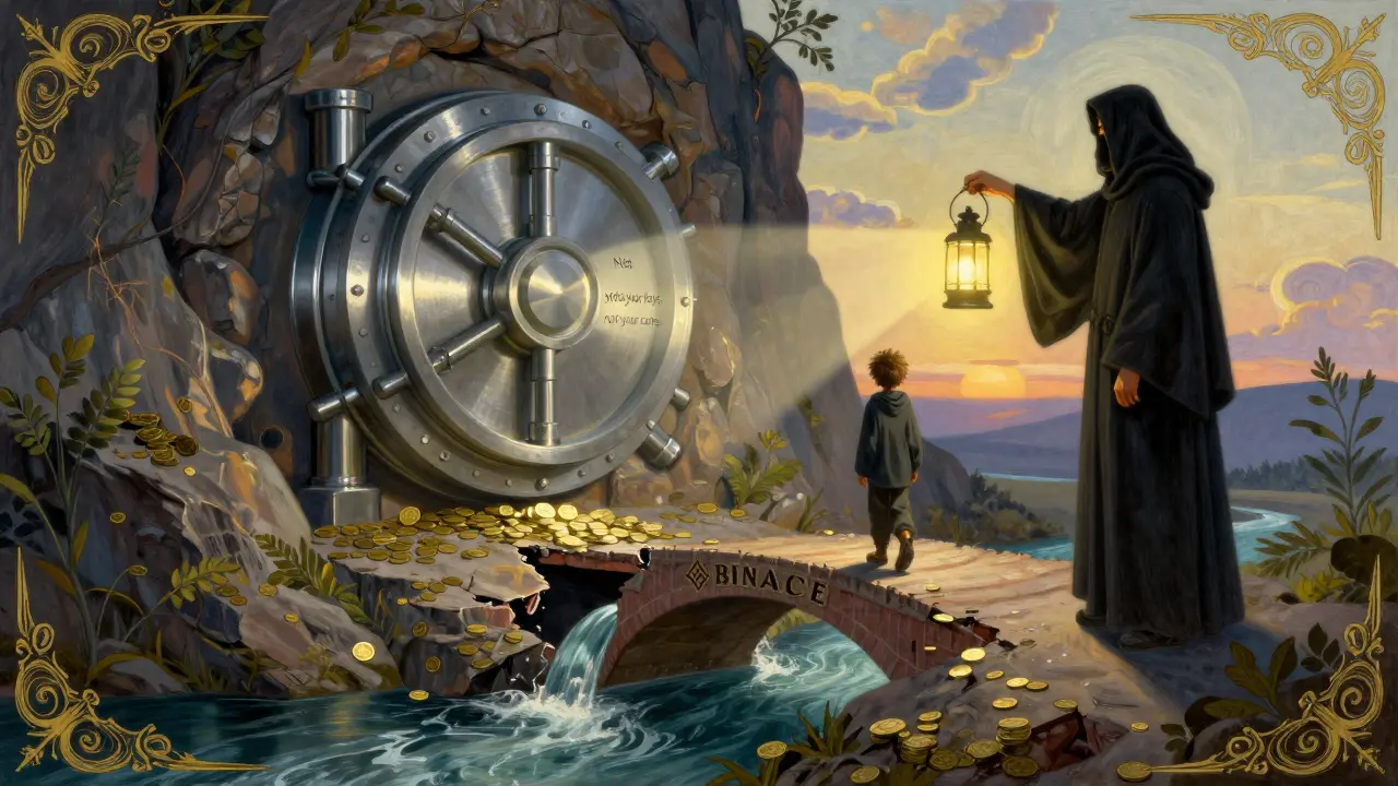 Металлический сейф на скале защищен стражем, а цифровые монеты текут к разрушающемуся мосту с названием биржи.