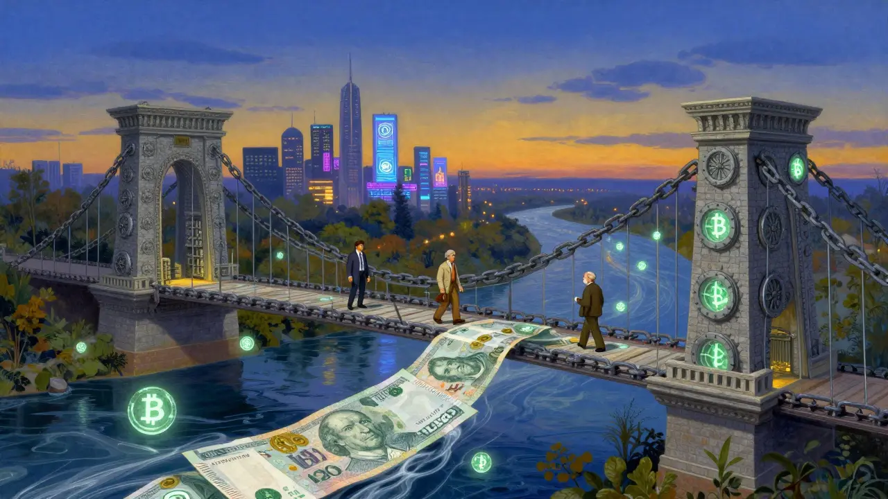 Мост из банковских сейфов и блокчейн-узлов пересекает реку из фиата и криптовалют, по нему идут люди.