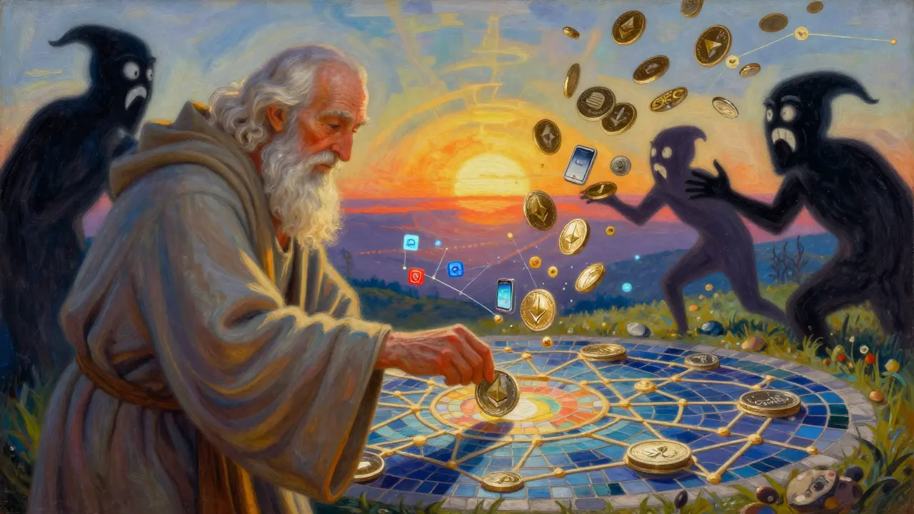 Мудрый старец помещает монету в сеть, в то время как мемкоины исчезают в вихре, а за ним — будущее децентрализованных приложений.