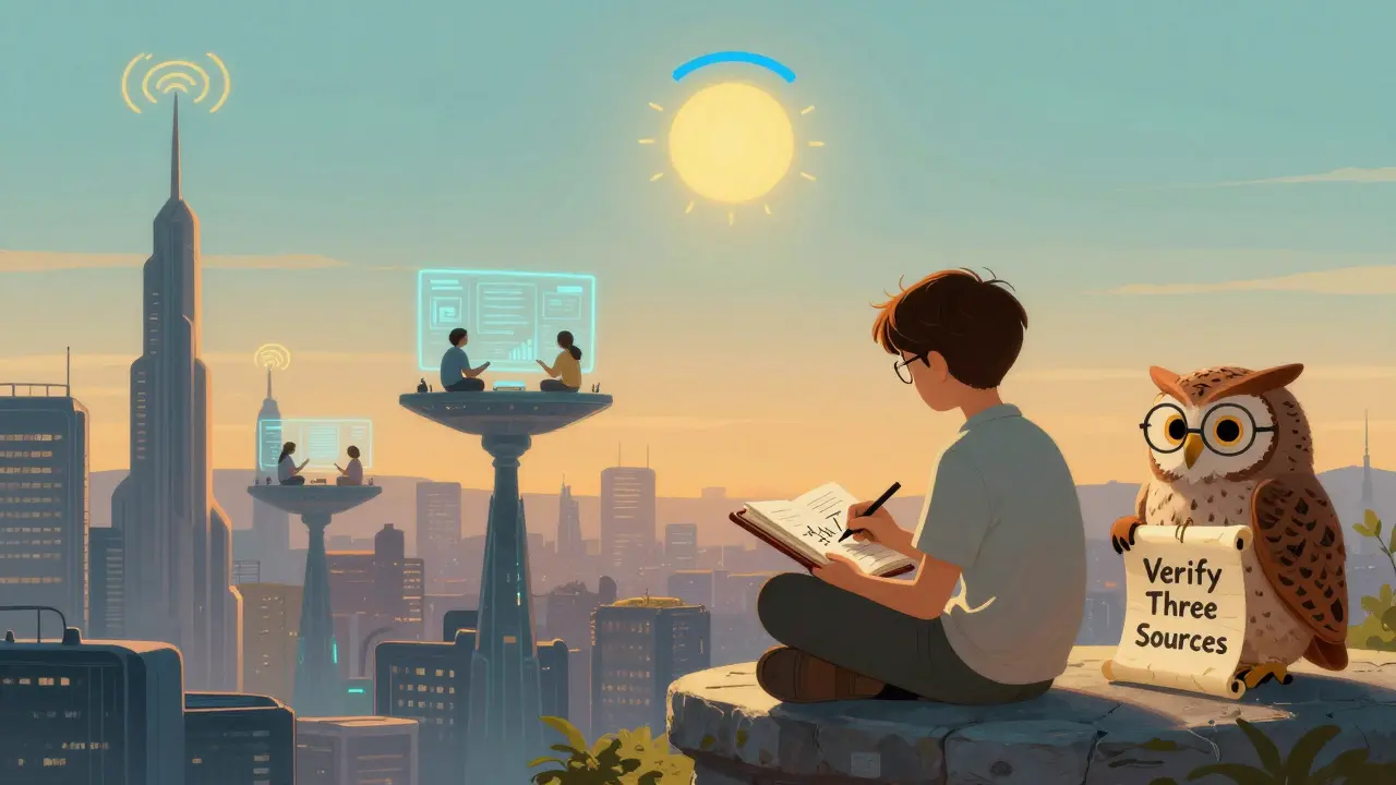 Новичок рисует график на закате, рядом с мудрой совой и символами Telegram, Discord и Twitter в стиле Максфилда Парриша.